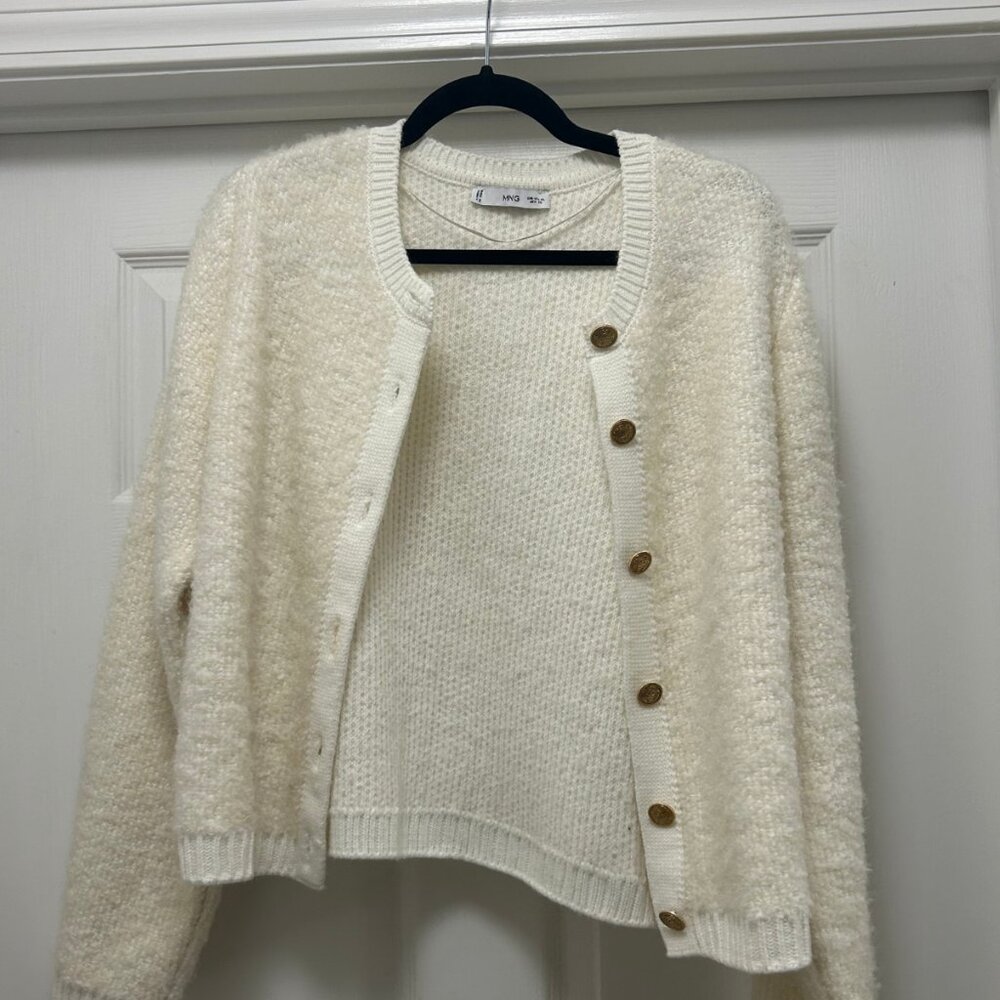 Mango Cream Knit Button Front Cardigan Cropped Sweater